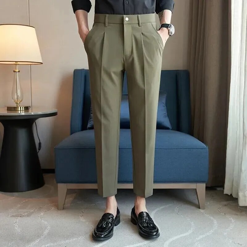 sanyamk British Style Summer New Solid Suit Pants Men Formal Slim Fit Business Elastic Casual High Quality Social Dress