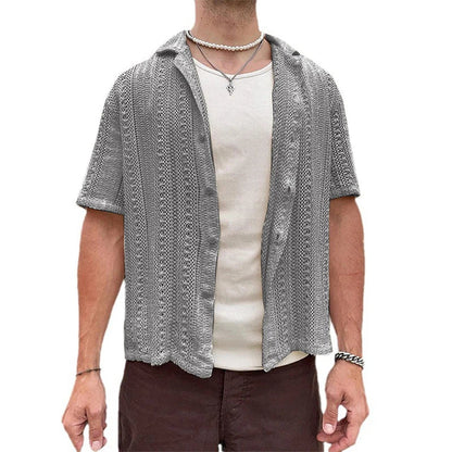 sanyamk Summer Mens Knitted Shirts Beach Casual Solid Color Short-sleeved Button Lapel Knit Cardigan Men Tops Knitting Embroidery Shirt