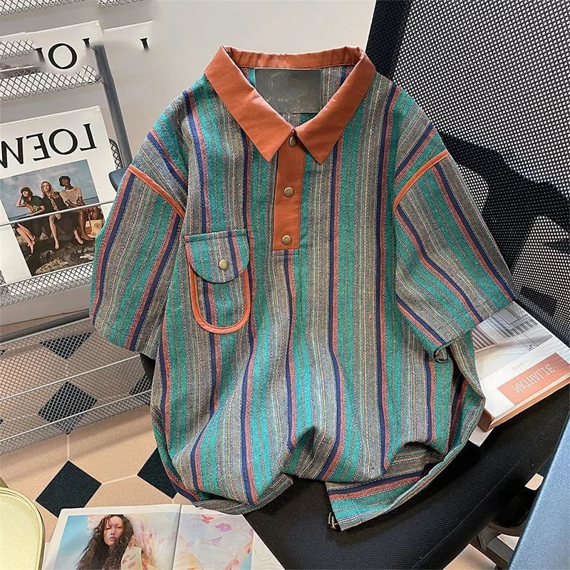 sanyamk 2024 New Summer Hong Kong Style Niche Trendy Brand Casual Loose Oversized Lapel Contrasting Stripes Short Sleeved Polo Shirt Top