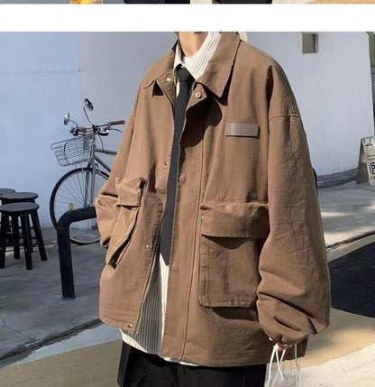 Bonsir Men's Workwear Cargo Black/brown Coat Fashion Trend Loose Streetwear Jacket Handsome Clothes Lapel Collar Outerwear M-2XL