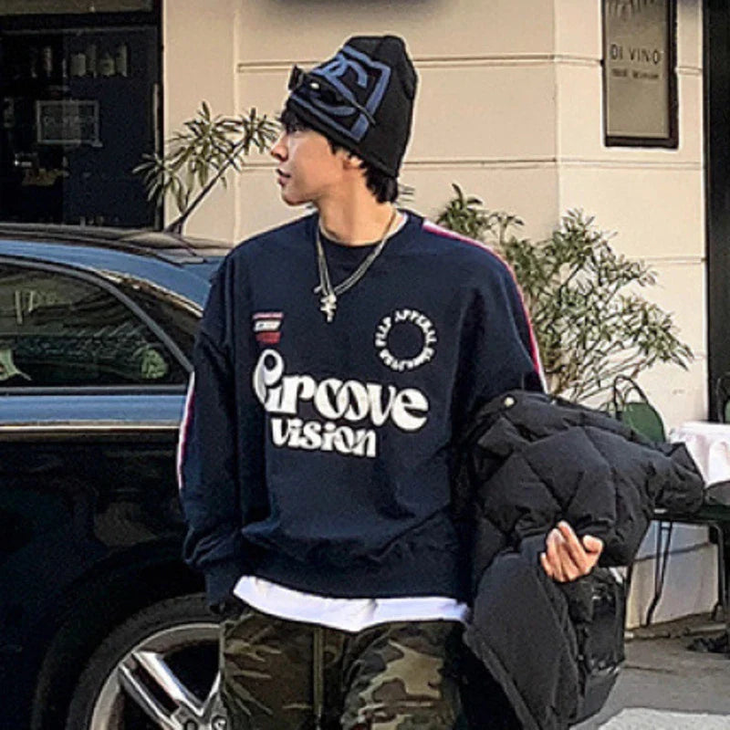 sanyamk  -  Letter Printing Men's Sweatshirts Round Collar Striped Contrast Color New Trendy Male Pullover Loose Tops Autumn 9C7916