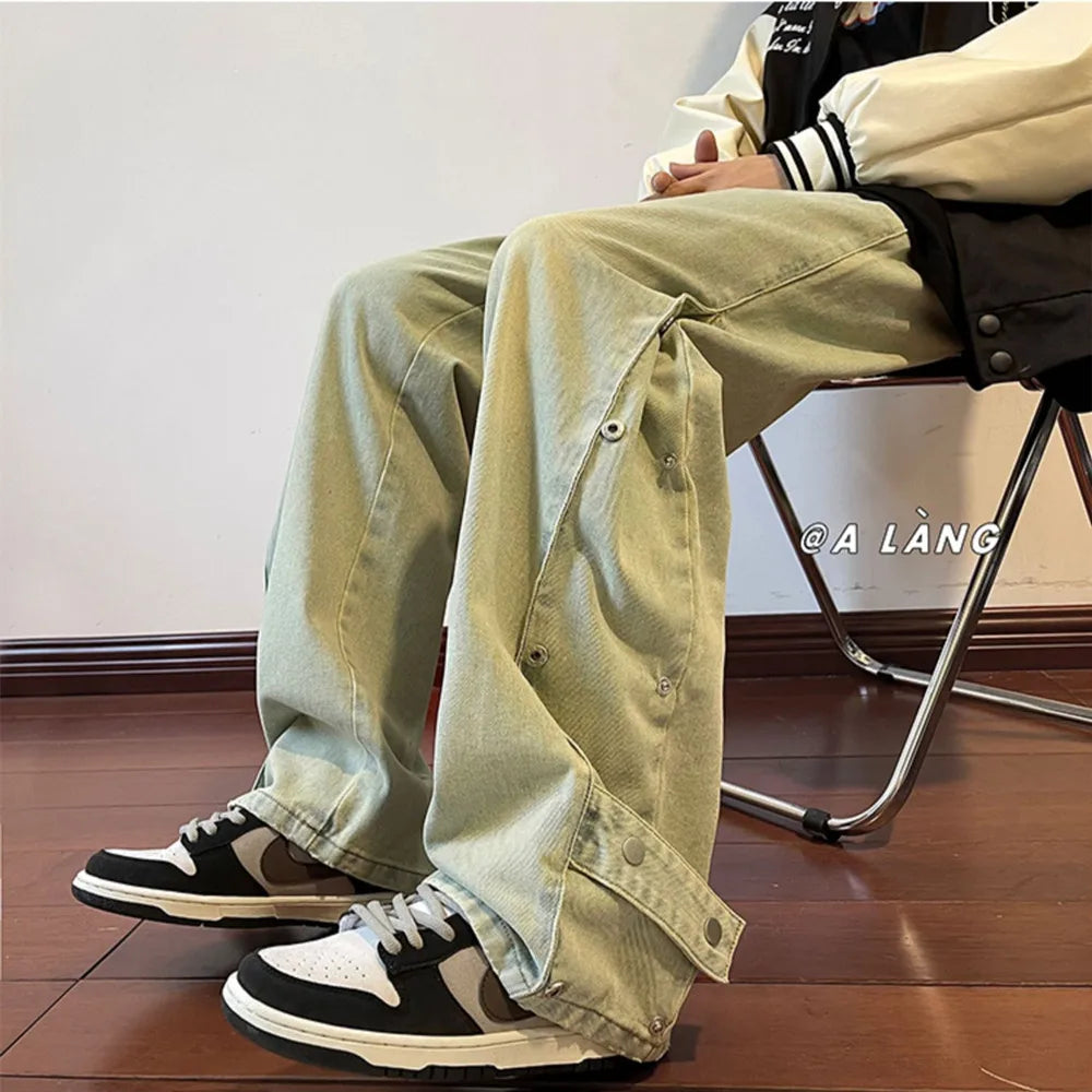 sanyamk Vintage Distressed Jeans Side Button Pants Men Black Denim Trousers Male Autumn Loose Casual Japanese Streetwear Hip Hop