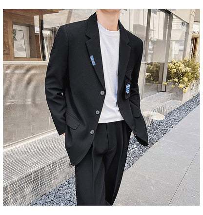 sanyamk Mens Suits Sets Jacket Pant Men Korean Streetwear Office Fashion Loose Casual Blazer Suit Jacket Pant Chic Trend Dress Suits