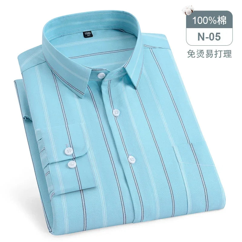 sanyamk Quality 100%Pure Cotton Men Long Sleeve Social Shirt for Oxford Shirt Men Plaid Striped Work Casual Shirt Male Regular-Fit S-8XL