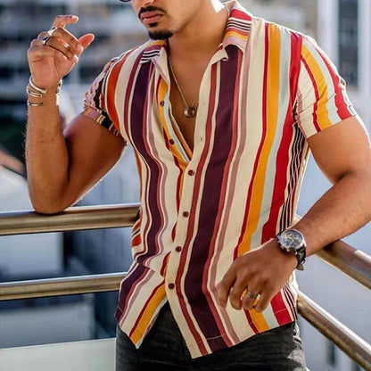 sanyamk Fashion Shirt Striped Print Summer Business Casual Short-Sleeved Tees Tops Mens Blouse Hawaiian Shirts Oversized Men's Clothing