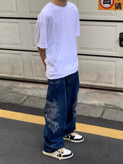 Bonsir Hip Hop Embroidery Straight Jeans Men and Women New Fashion Casual American Street Skateboard Loose Wide Leg Casual Trouser Tide