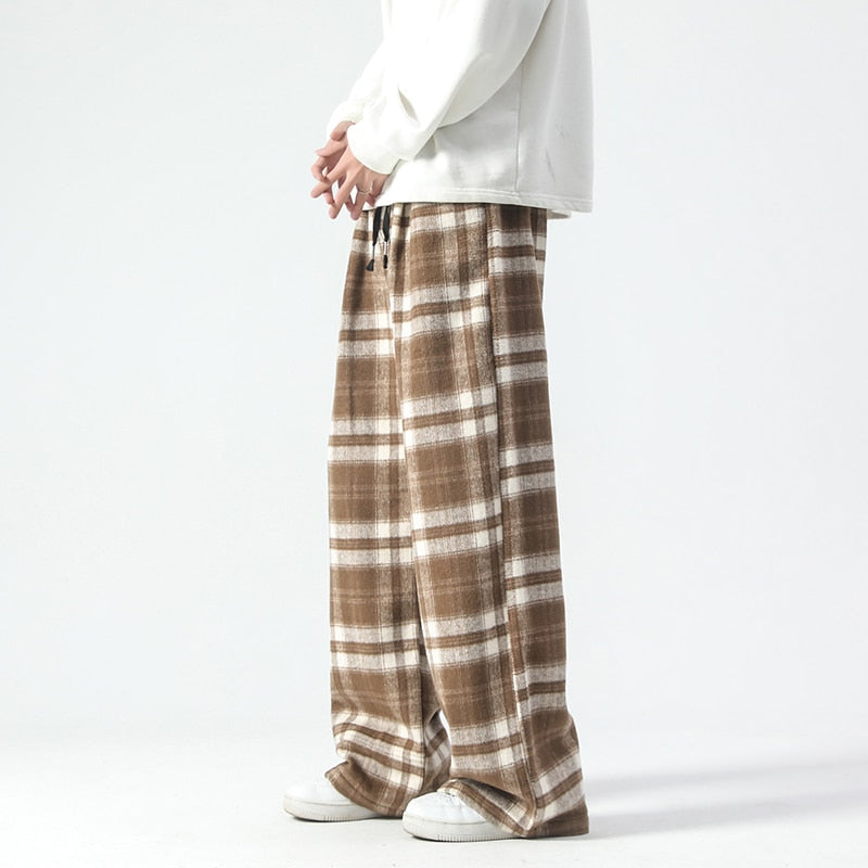 Bonsir Black White Plaid Velvet Joggers Pants Men Streetwear Oversized Pants  Hop Hop Elastic Wasit Man Straight Trousers