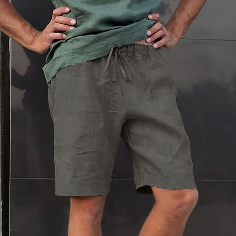Bonsir Vintage Solid Cotton Linen Short Pant Man 2023 Spring Summer Casual Loose Drawstring Shorts Men Leisure Tie-up Shorts Streetwear