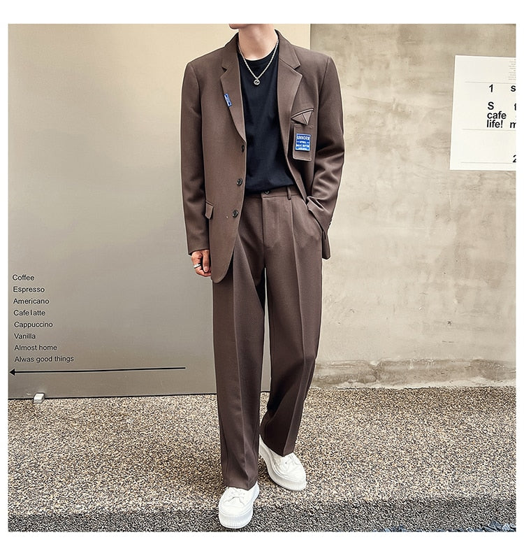 sanyamk Mens Suits Sets Jacket Pant Men Korean Streetwear Office Fashion Loose Casual Blazer Suit Jacket Pant Chic Trend Dress Suits