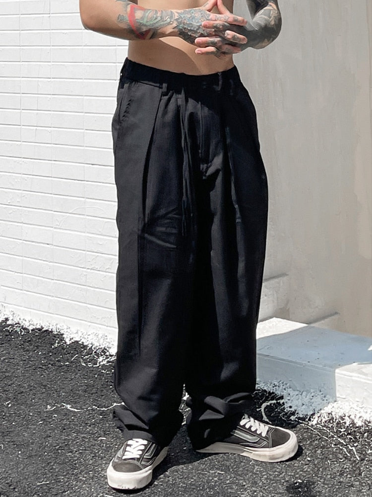 sanyamk Hot Sale Baggy Wide Leg Casual Pants for Men, Y2k Fashion Loose Fit Soft Cotton Trousers Ruffled Hallen Trousers Pantalones