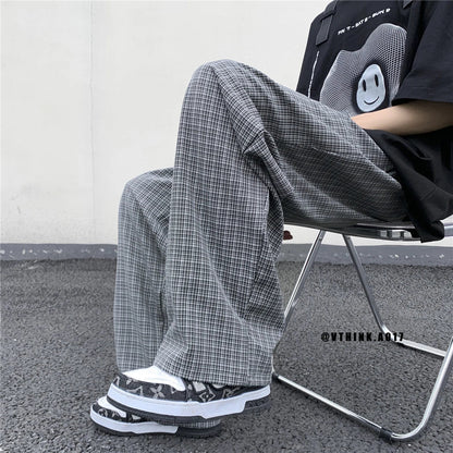 sanyamk  -  Summer/Autumn Plaid Pants Men Loose Casual Straight Trousers for Male/Female Harajuku Hip-hop Streetwear Wide-leg Mopping Pants