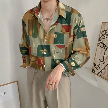 sanyamk Men Summer Fashion Loose Design Sense Printing Shirt Tops Retro Oil Painting Harajuku Simple Casual Long-sleeved Shirt Daily