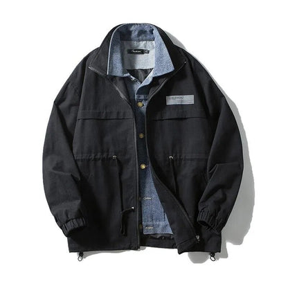 sanyamk Men Fake Two Pieces Denim Patchwork Jacket Jeans Spliced Sashes Contrast Casual Jacket Coat Retro Zip Closure Coat Plus Size