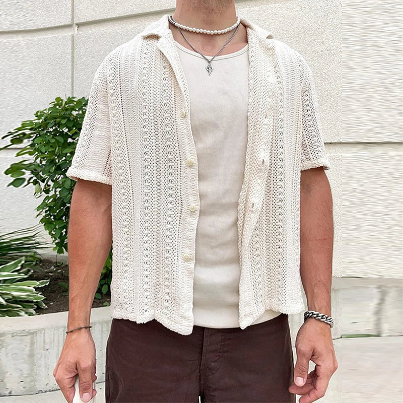 sanyamk Summer Mens Knitted Shirts Beach Casual Solid Color Short-sleeved Button Lapel Knit Cardigan Men Tops Knitting Embroidery Shirt