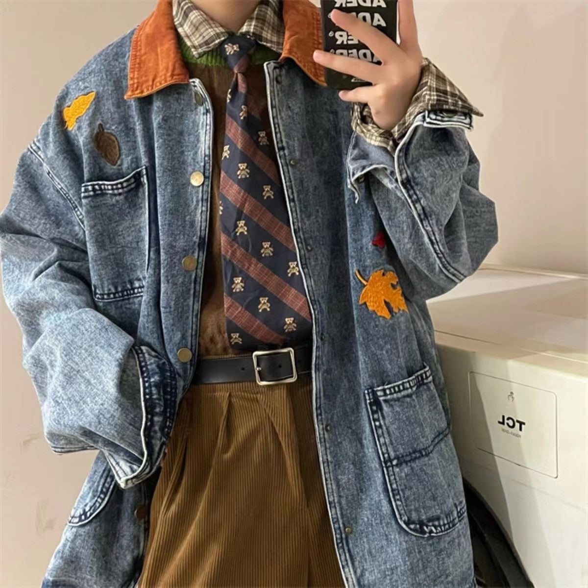 sanyamk Man Homemade Cowboy Coats Spring And Autumn Maple Leaf Embroidery Outerwear Bf Retro Loose Work Bomber Denim Jacket