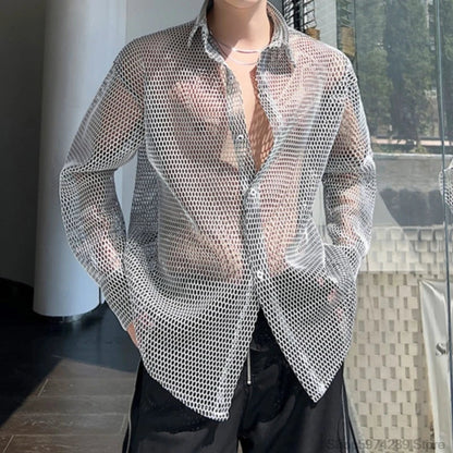 sanyamk Transparent Mesh Shirt Hollow Out Jacket Personality Breathable Youth Fashion Long Sleeve Tops Men Lapel Party Clubwear