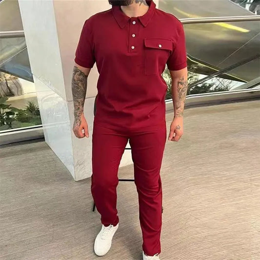 sanyamk Casual Short Sleeve Button Shirts & Work Pants Sets Summer Turn Down Collar Solid Two-piece Tracksuit Men Clothing Outfits