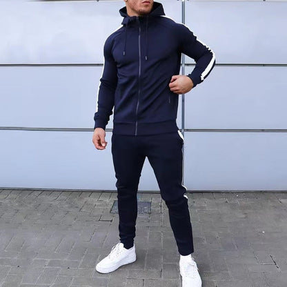 sanyamk Spring Autumn New 2 Piece Sets Men Tracksuit Casual Stripe Joggers Hooded Sportswear Jackets+Pants Hip Hop Running Sports Suit