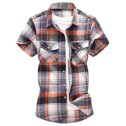 sanyamk Striped Plaid Short-sleeved Shirt Men's Single-breasted Square Collar Cotton Shirts Summer Fashion Casual Camisa Men Chemise 7XL