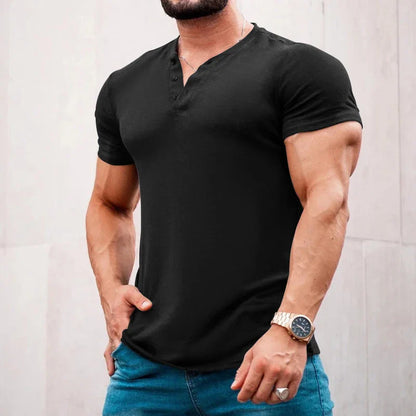 sanyamk Leisure Solid Color Short-sleeved T Shirt Men Clothes Casual Buttoned V Neck Pullover Tops Spring Summer Mens Fashion T-shirts