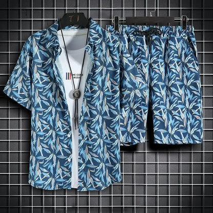 sanyamk Summer New Men Beach Clothes 2 Piece Set Quick Dry Hawaiian Shirt Shorts Set Men Fashion Clothing Printing Casual Male Outfits