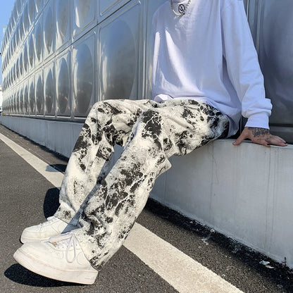 sanyamk Mens Fashion Printed jeans Spring Mopping Trousers Jeans Korean Style High Street Loose Hip Hop Wide-leg Jean Pants