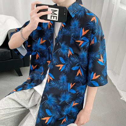 Bonsir Panelled Shirts Men Baggy Summer Printing Korean Style Hipster Half Sleeve All-match Daily Leisure High Street Slouchy Vitality