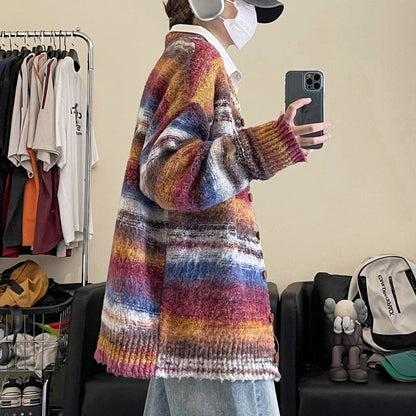 sanyamk New Retro Striped Tie-dye Contrast Color Knitted Sweater Couple Sweater Cardigan winter Trend Korean style Loose Men's Coat