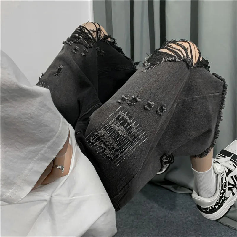 sanyamk New Style Ripped Denim Shorts Men's Clothing 2024 Summer Five-point Korean Casual Youth Straight Trousers Boutique Clothing