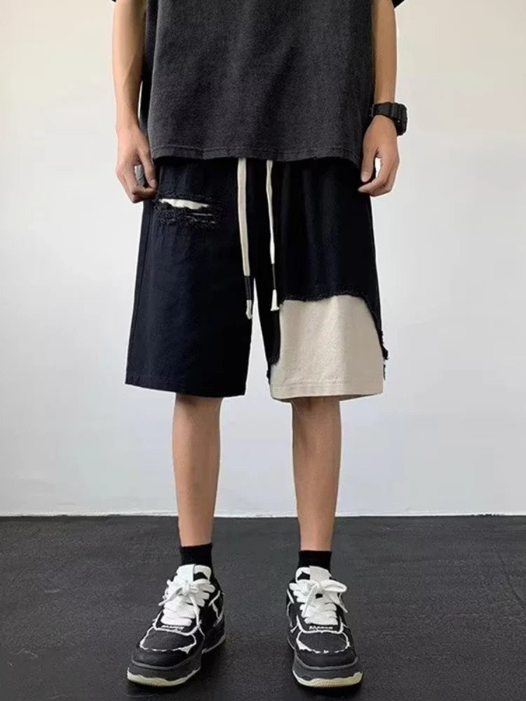 Bonsir Vintage Cargo Shorts Men Summer Leisure American Style Hole Contrast Color Knee Length Loose All-match Streetwear Simple Trendy