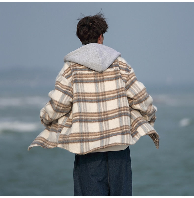 Bonsir Autumn/Winter New Woolen Plaid Loose Hooded Large Jacket Coat Fashion Men Clothing Daily Overcoat Handsome Unisex Parka