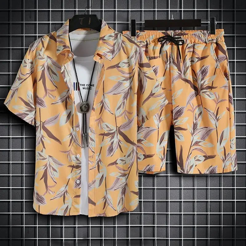 sanyamk Summer New Men Beach Clothes 2 Piece Set Quick Dry Hawaiian Shirt Shorts Set Men Fashion Clothing Printing Casual Male Outfits