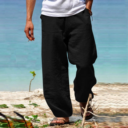 Bonsir Spring Summer Vintage Men's Solid Color Cotton Linen Long Pants Casual Trousers Men Leisure Drawstring Beach Pants