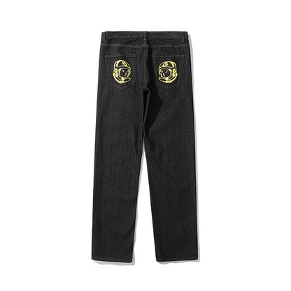 sanyamk Dog Print Straight Loose Jeans Mens Retro High Street Oversize Casual Denim Trousers Harajuku Washed Hip Hop Jean Pants