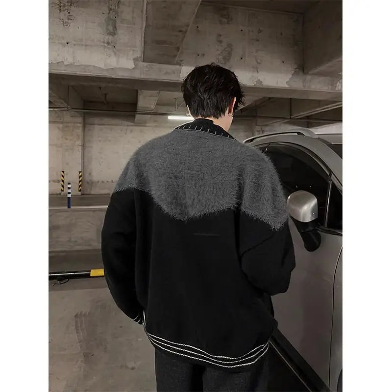 sanyamk Korean retro contrasting color spliced cardigan jacket for men and women autumn and winter new loose knit sweater harajuku