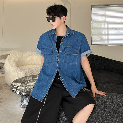 sanyamk Vintage Men's Denim Shirts Summer Korean Style Washed Short Sleeve Jacket Coat Fasion Male Casual Streetwear 2023 New