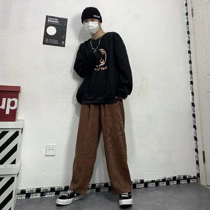 sanyamk Men's Korean Style Retro Trend Sweatpants Corduroy Fabric Solid Color Straight Casual Pants Loose Brown Color Trousers