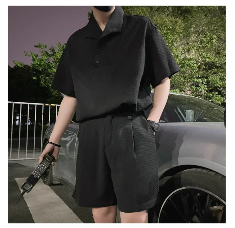 sanyamk  -  Large Lapel Concave And Convex Lattice Pattern Men Sport Suit Summer 2 Piece Set Short Sleeve Polo Short Casual Men Set Clothing