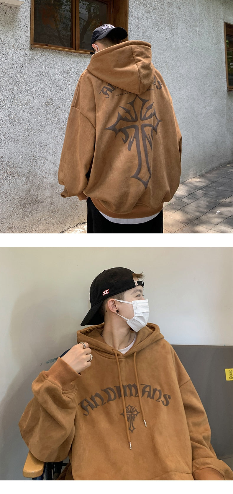 Bonsir Men's Hoodie Sweatshirts Cross Print Hip Hop Harajuku Suede Fabric Streetwear Mens Hoodies Long Sleeve Casual Clothing Pullover