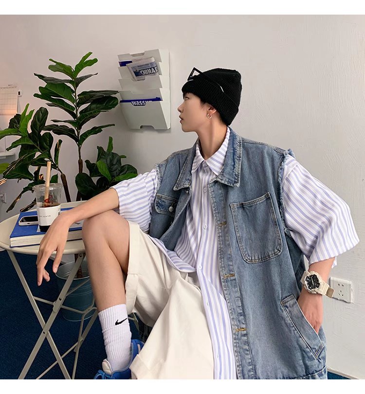 Bonsir Denim Sleeveless Jacket Men Fashion Oversized Harajuku Denim Jeans Casual Jeans Waistcoat Cowboy Hip Hop Streetwear Clothing