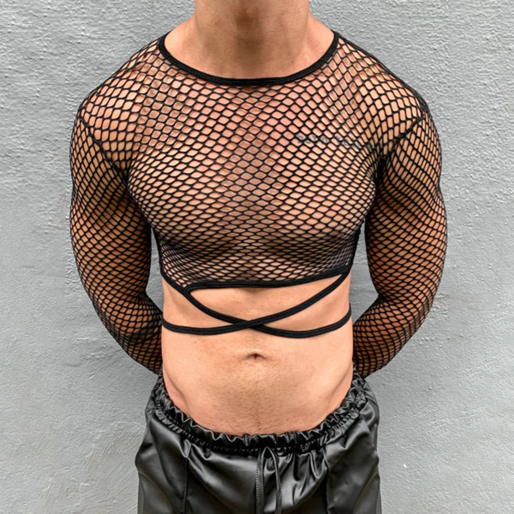 Bonsir Streetwear Tie-up Crop Tops Mens Mesh Long Sleeve T Shirts Sexy Nightclub See Through Hollow Tops Fashion Transparent Slim Tees