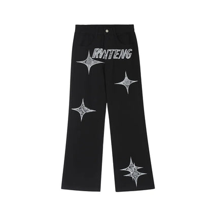 sanyamk Fashionable American street letter embroidery straight tube loose denim pants for men and women high street trendy casual pants