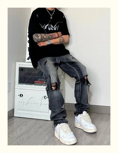 sanyamk American Retro Jeans Men High Street Hole Design Summer Stylish Boyfriend Hip Hop Male Trousers Distressed Full Length Bottoms