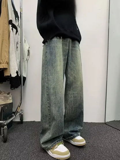 sanyamk American Style Gradient Jeans For Men Loose Fit Straight Leg High Street Trendy Brand Autumn Ins Fashion Long Pants Wide Leg