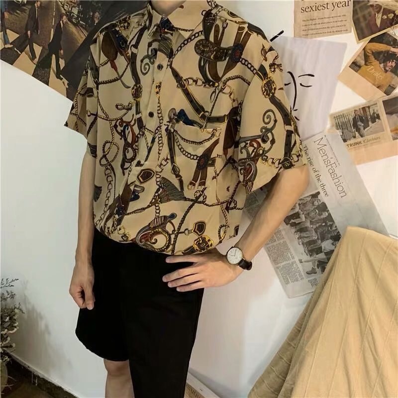 Bonsir Vintage Pattern Print Shirt Men Fashion Short Sleeve Button-down Lapel Shirts Mens Clothing Summer Casual Top For Man Streetwear