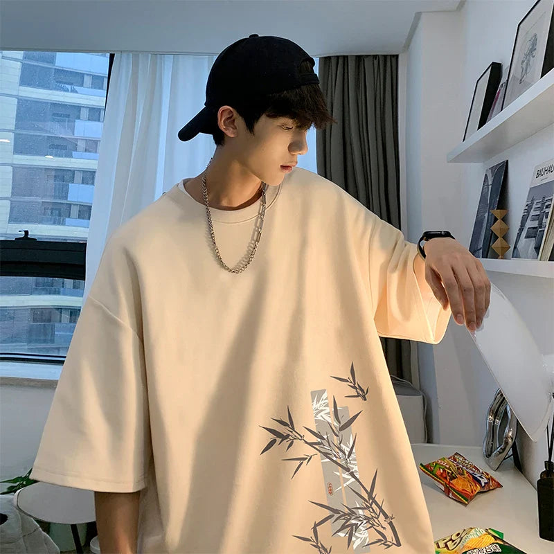 Bonsir Men's Cotton Oversized Bamboo T-shirt Printed Loose Tops Tshirts Men Clothing Breathable Casual Short Sleeve Tees Streetwear