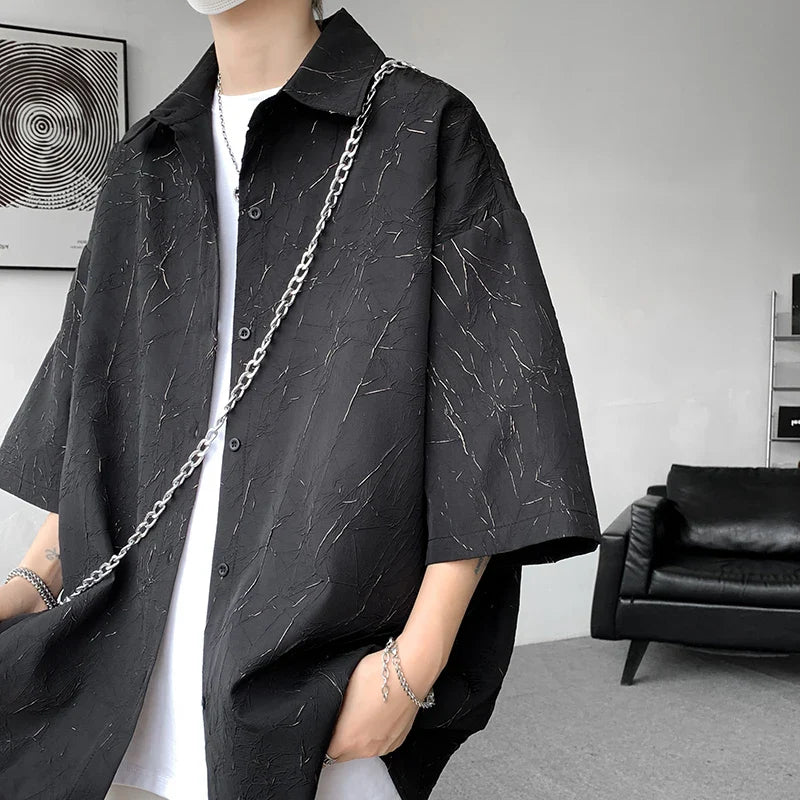 Bonsir White/Black Men Shirt Texture Lapel Short Sleeve Korean Casual Shirts 2024 High Quality Streetwear Summer Leisure Men Clothing