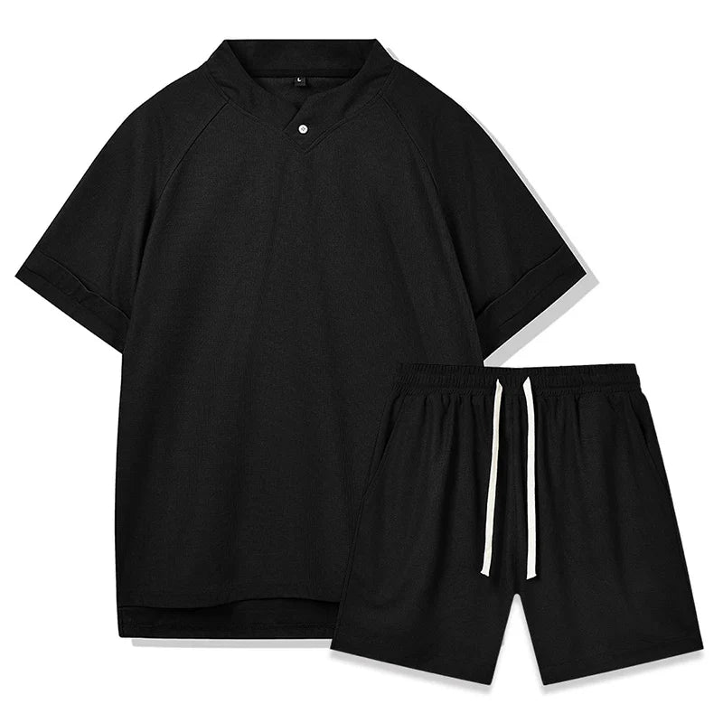 sanyamk New Casual Pure Color Waffle Two Piece Suits Men Summer Stand Collar Short Sleeve T-shirt And Shorts Mens Suits Fashion Outfits