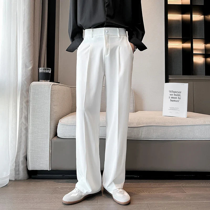 sanyamk Summer Men Thin Casual Suit Pants Long Straight Drape Silky Wide Loose Trousers Male Elastic Waist Oversize Clothes Black White