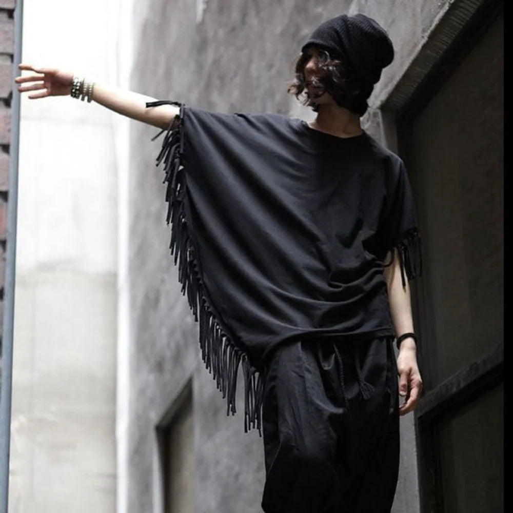 Bonsir New Men T Shirt Tassel Solid Color Cloak Punk Style Streetwear Fashion Irregular Tops O-neck Loose Casual Cape Camisetas